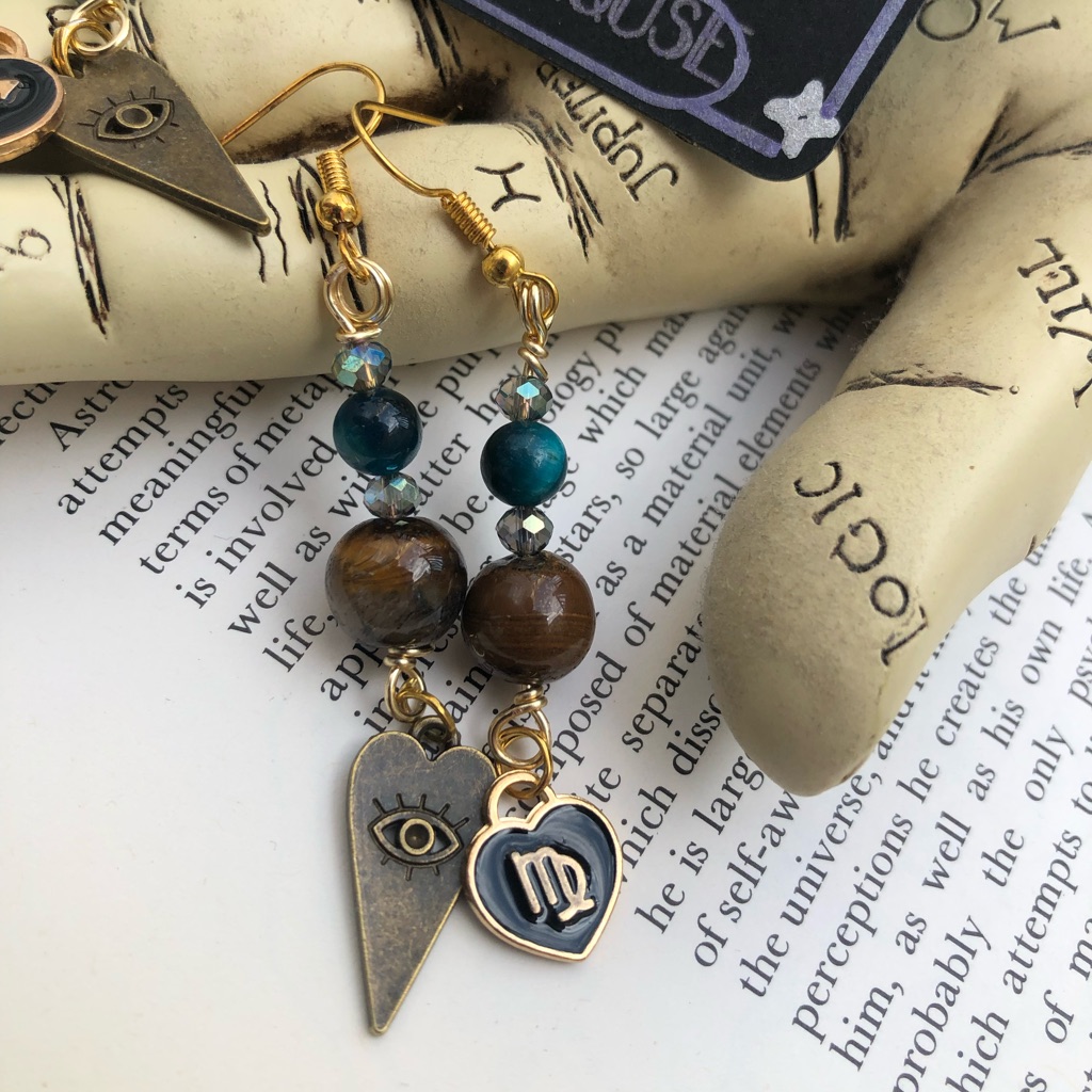 Virgo Zodiac Sign Earrings - With Blue Tiger Eye Beads